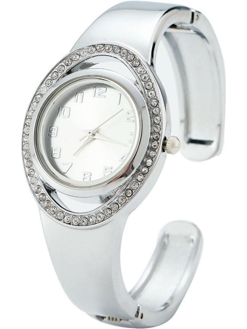 Women's Silver Easy Read Arabic Numerals Quartz Rhinestone Bezel Open Wristwatch